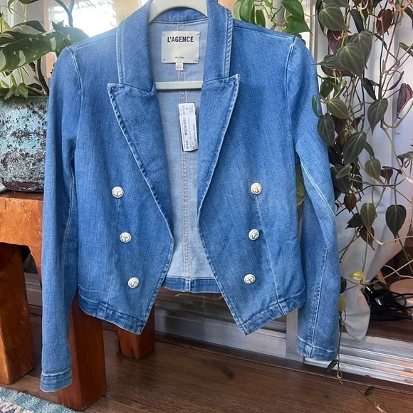 L'AGENCE Light Blue Double-Breasted Denim Jacket - Picture 2 of 6